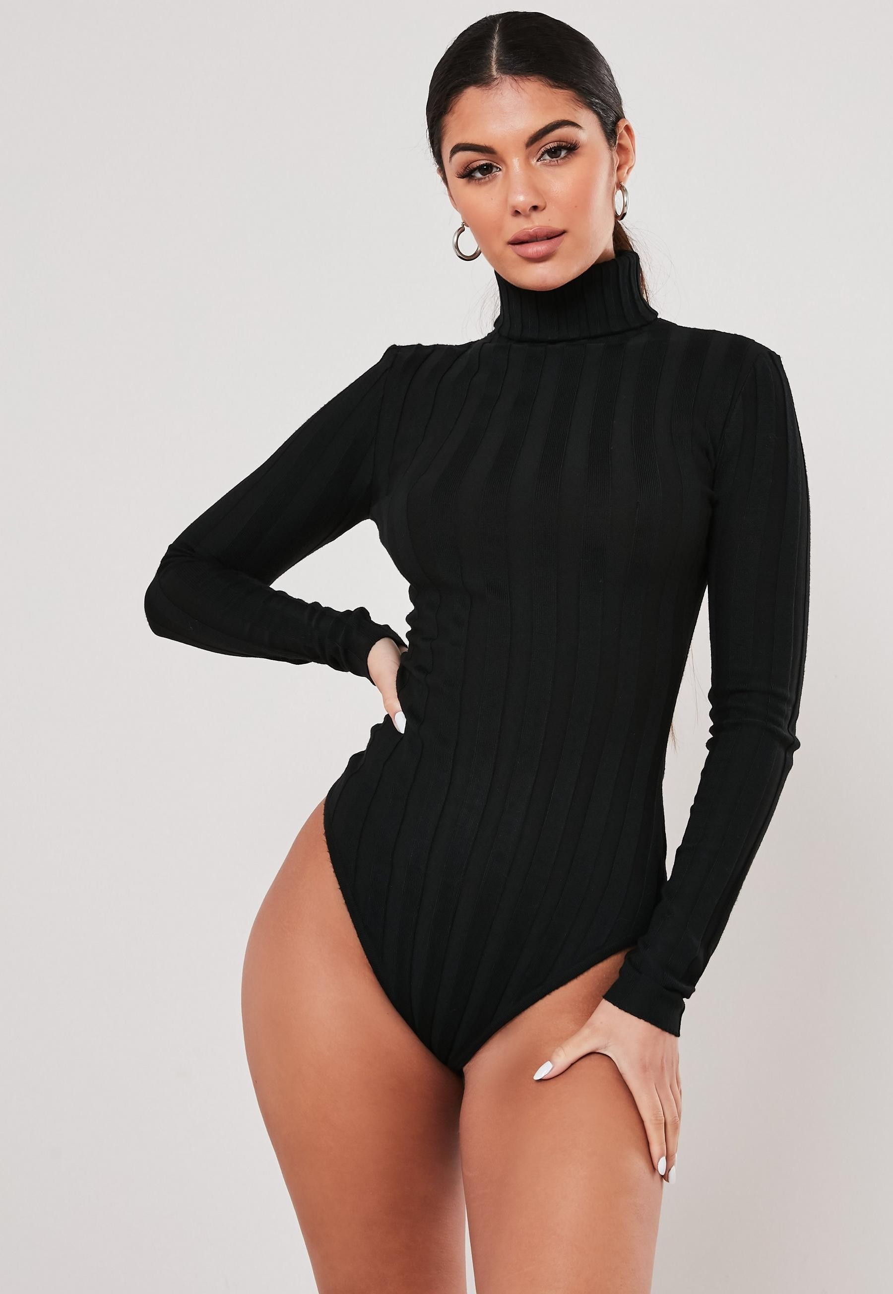 Black Extreme Rib Roll Neck Knitted Bodysuit | Missguided (UK & IE)
