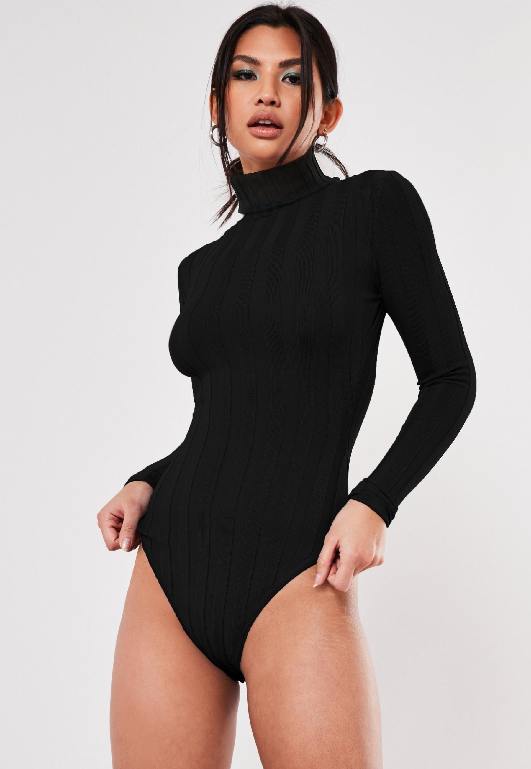 Black Extreme Rib Roll Neck Knitted Bodysuit | Missguided (UK & IE)