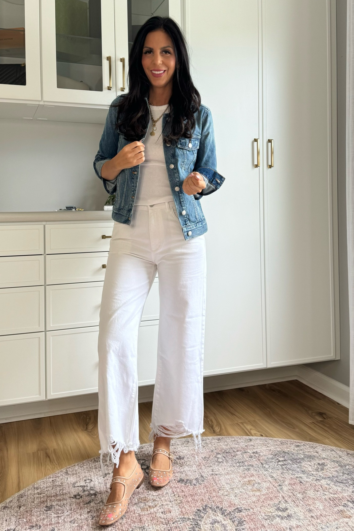 DL1961 Denim white wide leg pants 
Sam Edelman Maryjane flats with rhinestones - tts 
Madewell denim jacket- small #LTKshoecrush 

#LTKU #LTKxMadewell #LTKSaleAlert