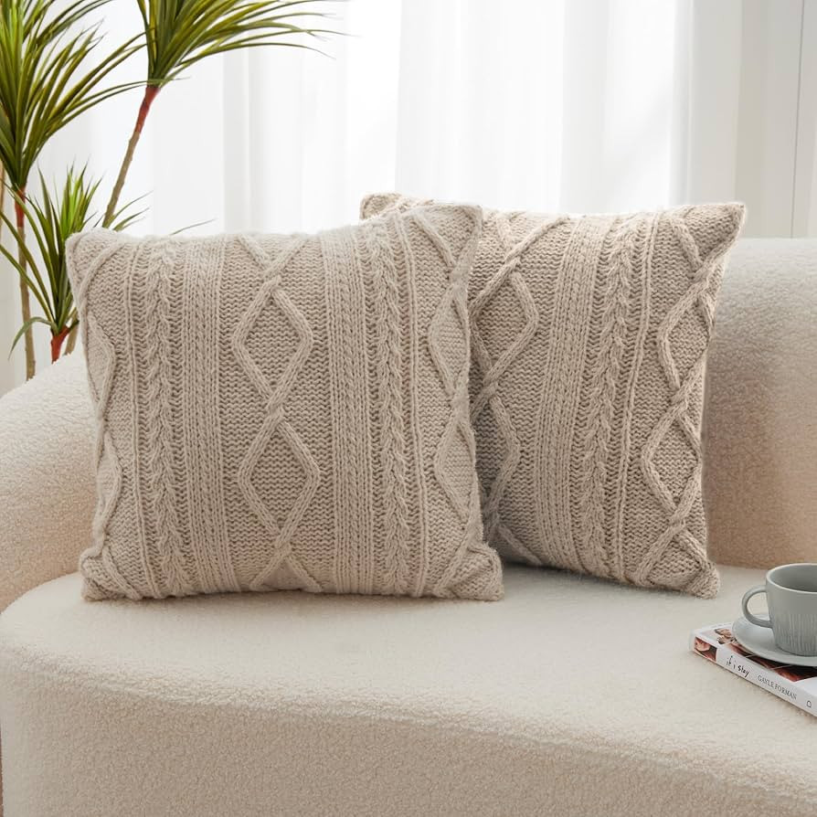 Kozyhvn Throw Pillow Covers Set of 2-18x18 Inch Handknit Decorative Throw Pillow Covers,Wool Wove... | Amazon (US)