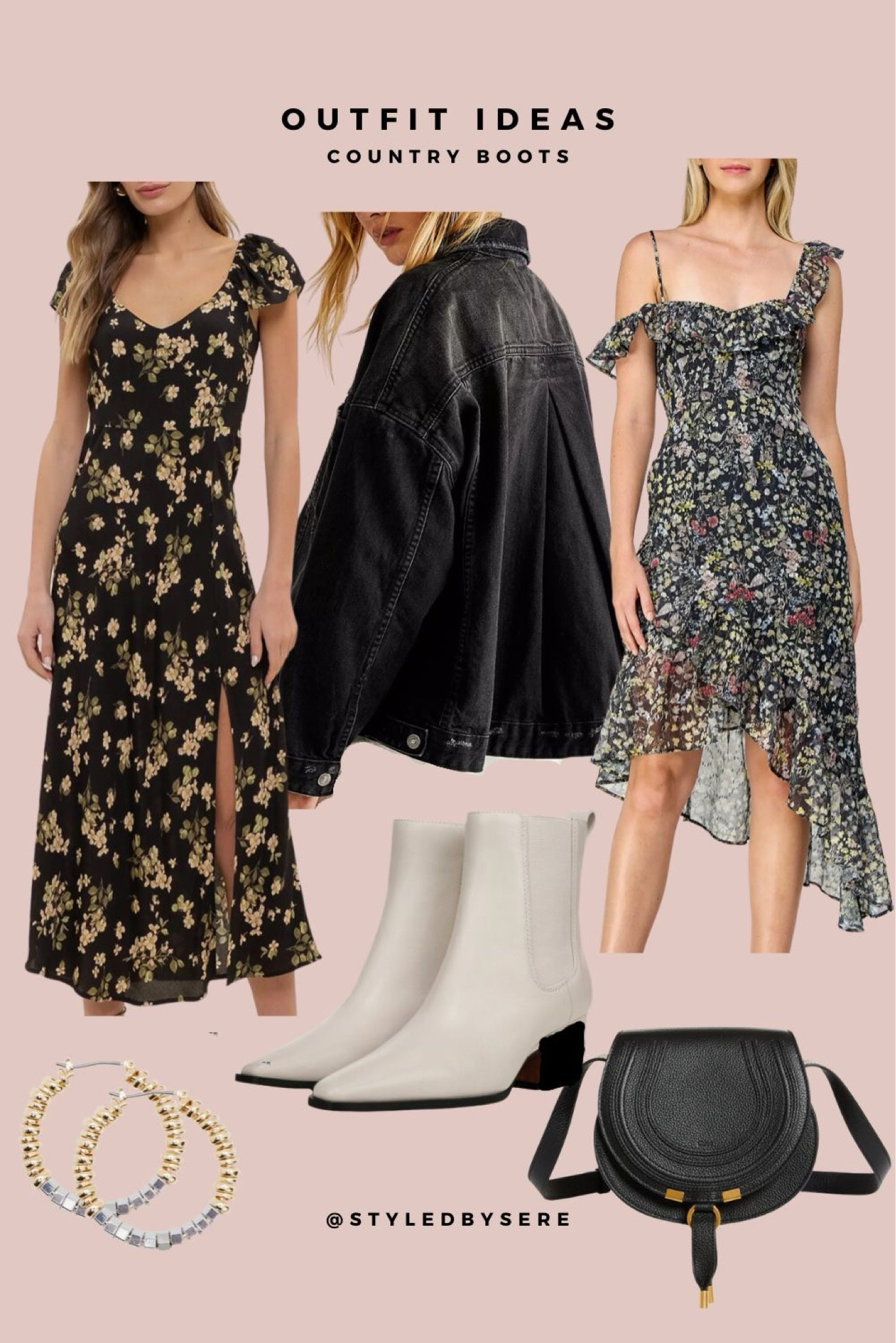 Country Boots: Fit & Flare
.

Bring a little flirty flare to your style with these midi length floral dresses. Darken the hue to play on the black in the sole & heel, and add edge to your look. Pair with an oversized black denim jacket, a black saddle bag, and two tone metal hoops. Flirty & rough,  you'll be turning heads all country concert long!

#LTKSummerSales #LTKParties #LTKShoeCrush