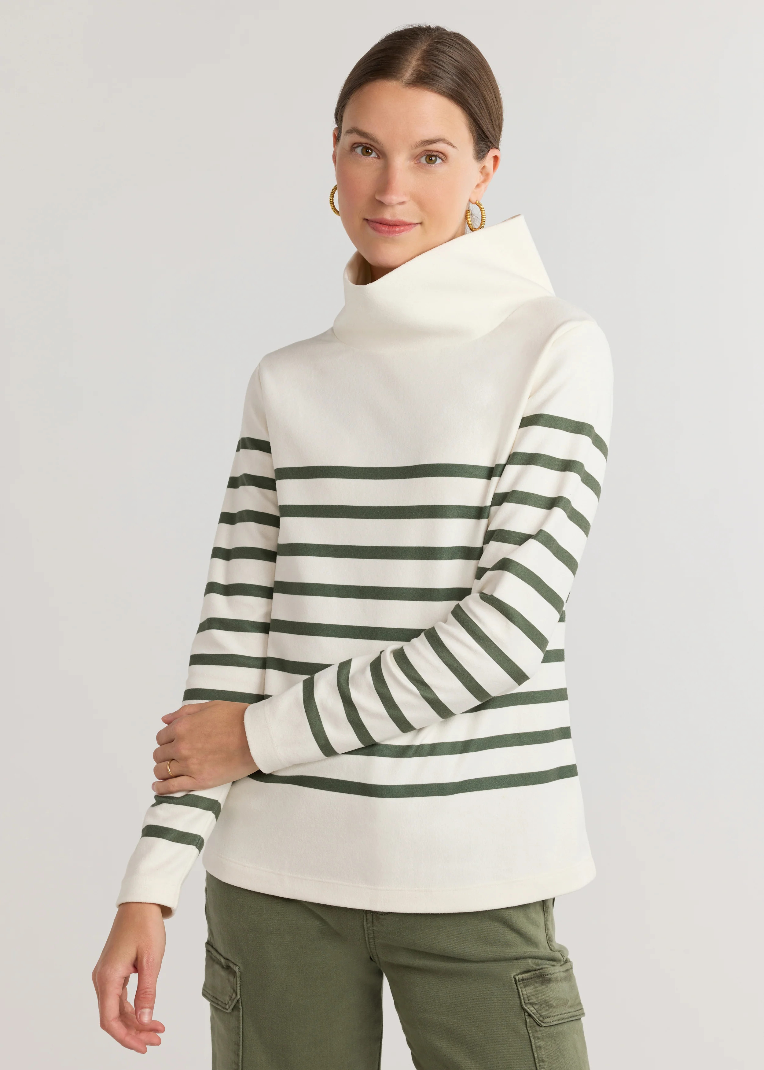 Greenpoint Turtleneck in Terry Fleece (Cream/Army Green Placed Stripe) | Dudley Stephens