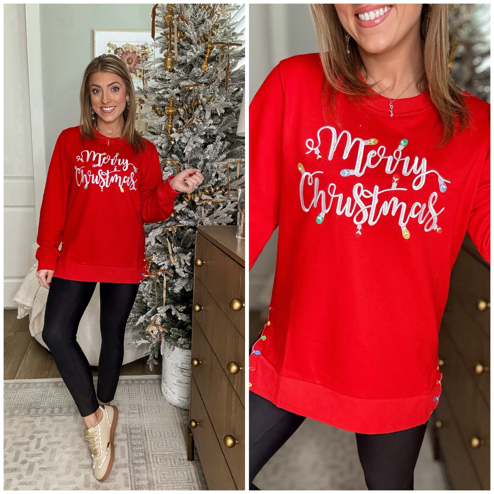 The easiest festive Amazon outfit for the holidays! ❤️🎄
This Merry Christmas sweatshirt is so fun and cheerful — I love the colorful light-bulb details and the longer length that pairs perfectly with leggings. Such a comfy, throw-on holiday look for school events, Christmas shopping, cookie baking, or cozy days at home.

Styled with my go-to Amazon leggings and sneakers for a cute, comfortable December outfit you’ll wear on repeat. Fast Prime shipping too!✨

Everything is linked in LTK for easy holiday shopping!

#amazonfashionfinds #amazonholidayfashion #merrychristmassweatshirt #holidayoutfitideas #festivefashion #amazonprimefinds #amazonsweatshirt #christmasstyle #ltkholiday #ltkfashion #amazonoutfitideas #cozychristmasoutfit