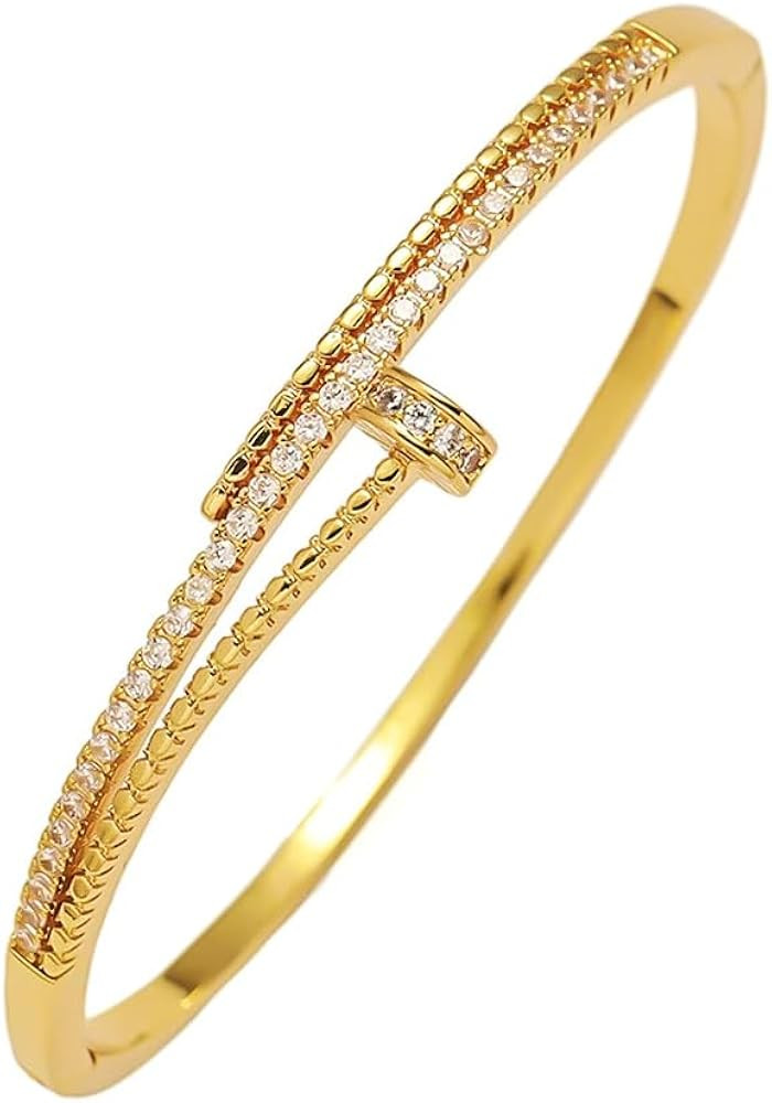 Dainty Gold Bangle Bracelet for Women Personalized Cubic Zirconia Friendship Bracelets Trendy Cry... | Amazon (US)