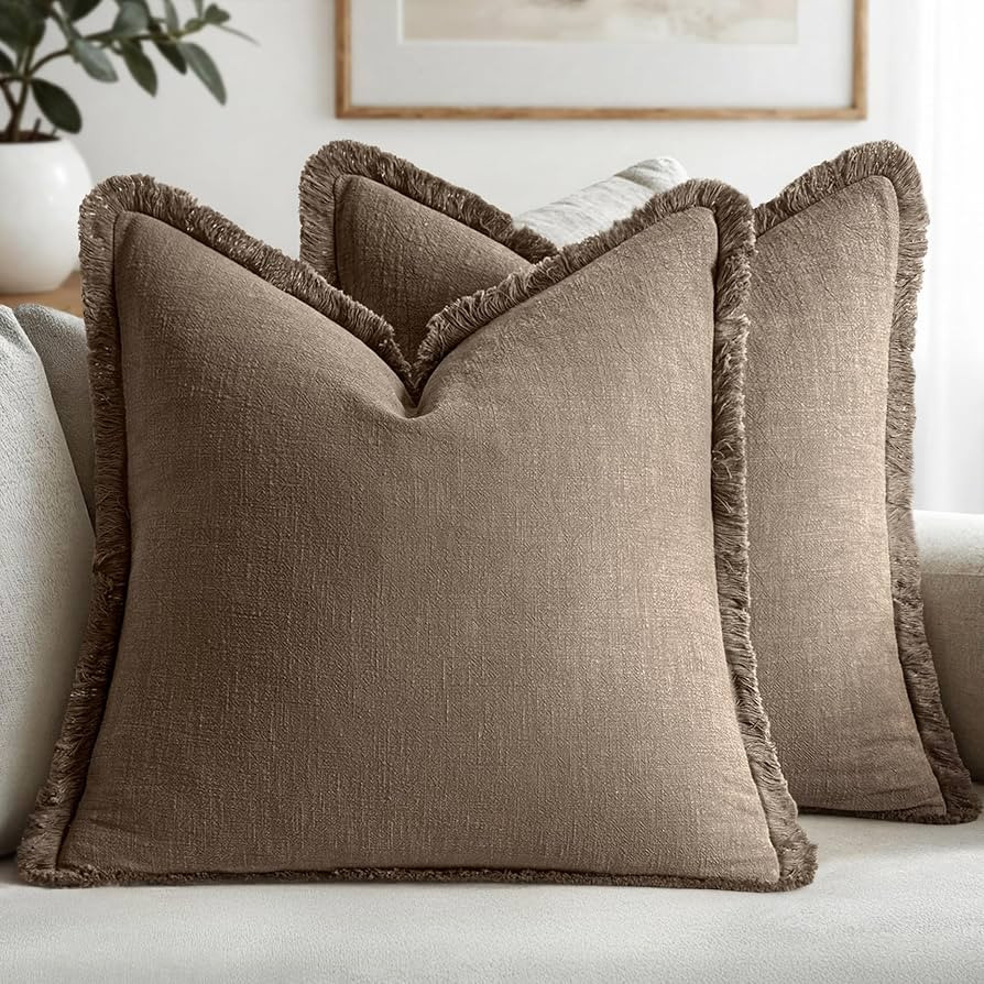 MIULEE Linen Fringe Decorative Fall Throw Pillow Covers Cocoa Brown 18x18 | Amazon (US)