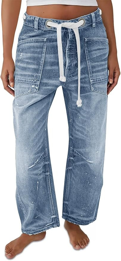 Cicy Bell Womens Baggy Barrel Horseshoe Jeans Wide Leg Drawstring Vintage Denim Pants with Front ... | Amazon (US)