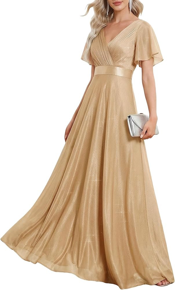 Ever-Pretty Women's Summer Glitter Formal Dresses Evening Gown V Neck Short Sleeves Floor Length ... | Amazon (US)