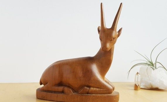 Wooden Antelope Figurine, Hand Carved, Mid Century Modern, Bookshelf or Desk Decor, Large Size, Wood | Etsy (US)