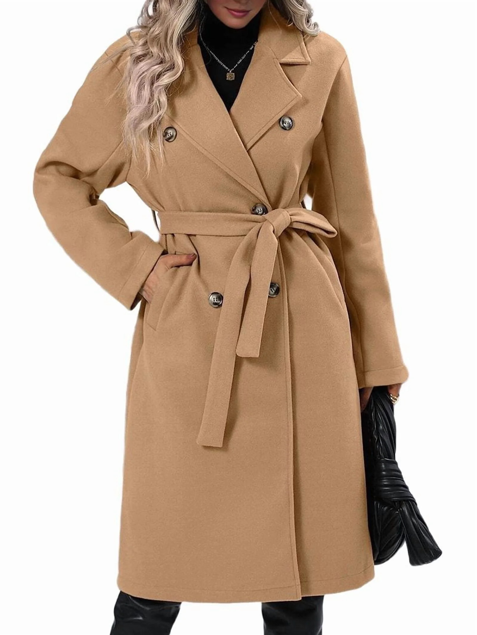 Women'S Wool Pea Coat Double Breasted Fleece Trench Coat Mid Long Winter Wool Blend Overcoat Dres... | Walmart (US)