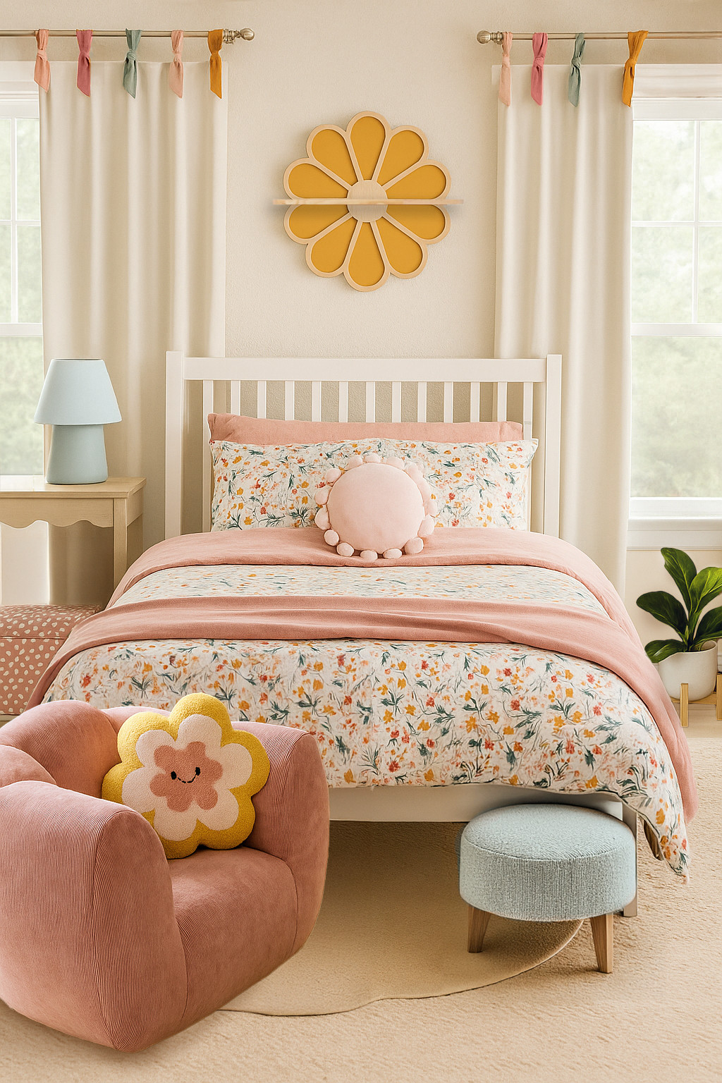 Little girl’s colorful bedroom design, all from Target! This scalloped table is adorable and currently on sale! Loving all the different floral patterns in the quilt, pillows and wall decor (created with AI)

 

#LTKHome #LTKKids #LTKSeasonal