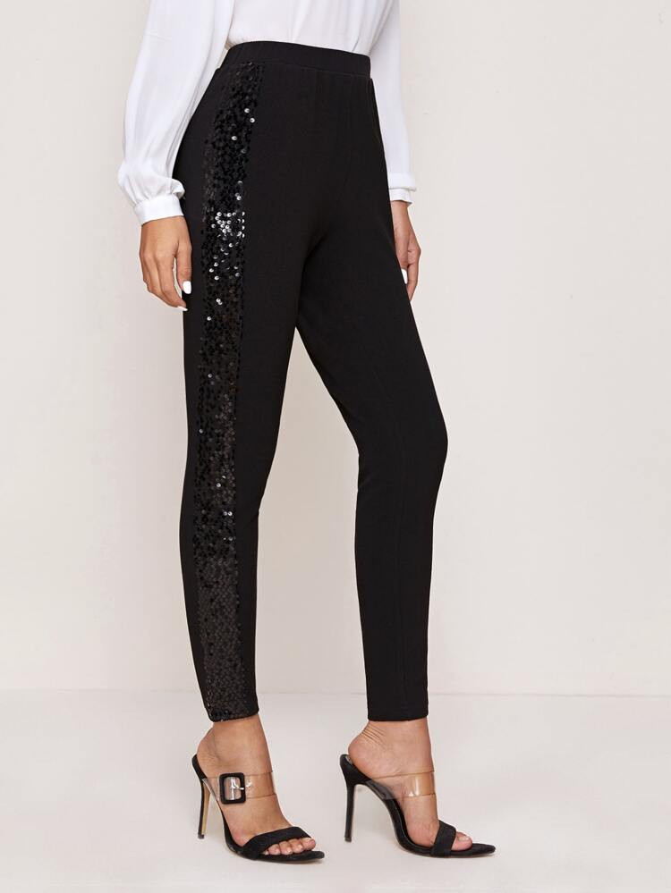 SHEIN Felegant Sequin Panel Cropped Skinny Pants | SHEIN