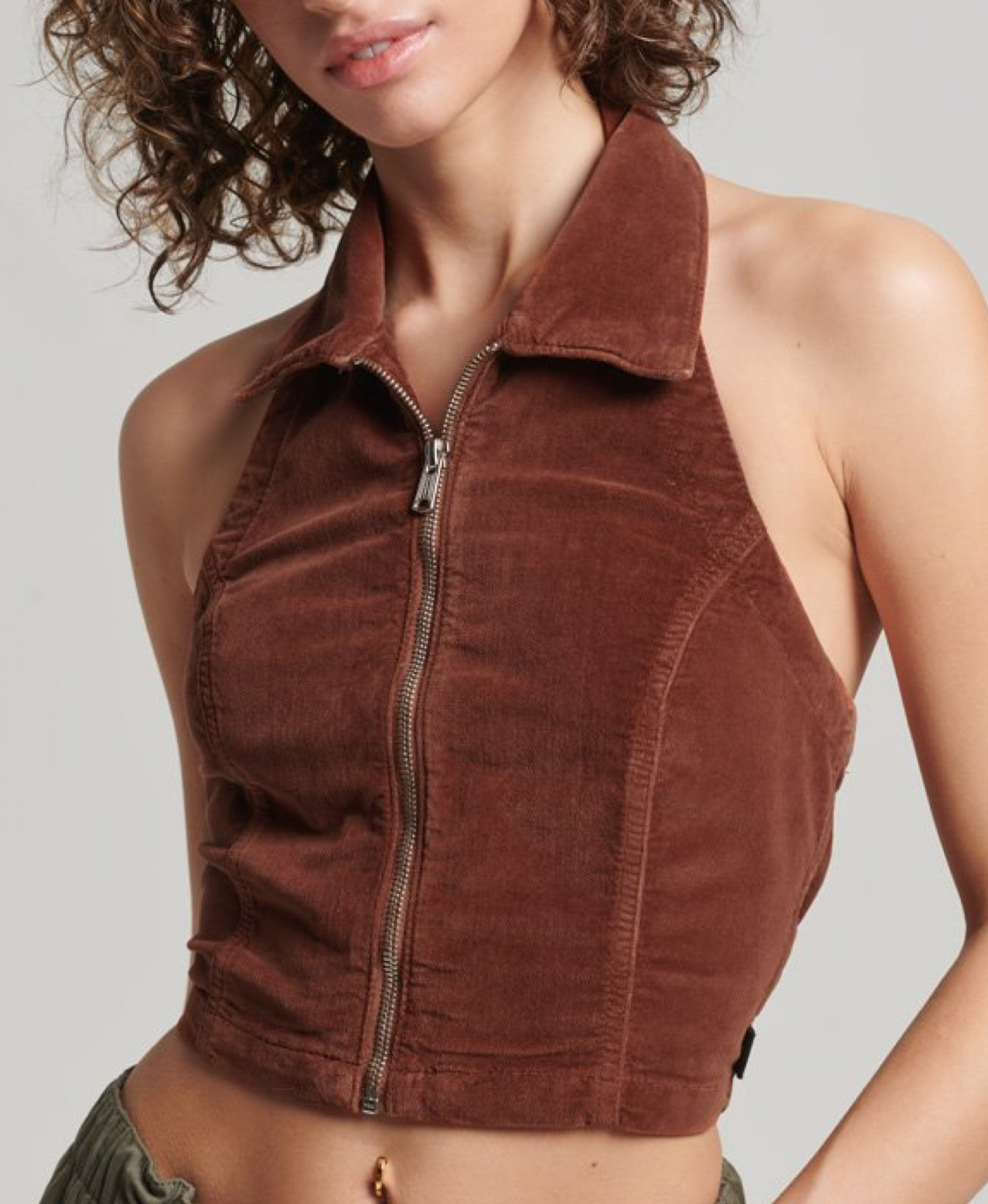 Collared Zip Thru Velvet Top