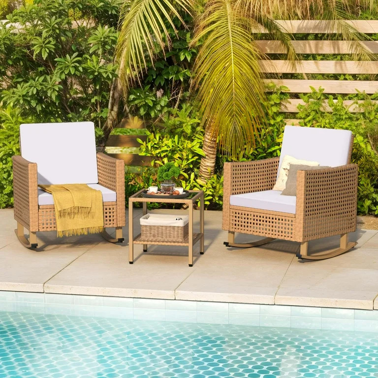 Uforic 3-Piece Outdoor Rocking Chairs, Wicker Patio Furniture with Thickened Cushions and Table f... | Walmart (US)