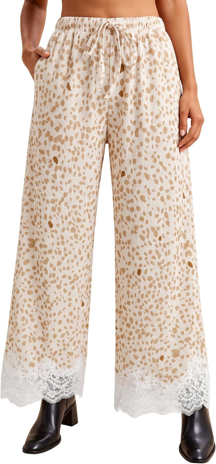 Womens Deer Spot Print Wide Leg Pants Lace Hem Trousers | Amazon (US)