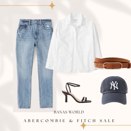 Abercrombie & Fitch semi annual denim event 25% off sale of all jeans. This look with the blue skinny jeans, white button down, straps black sandals, yankee hat, and brown belt are all from Abercrombie & Fitch 

#LTKsalealert #LTKunder100 #LTKstyletip