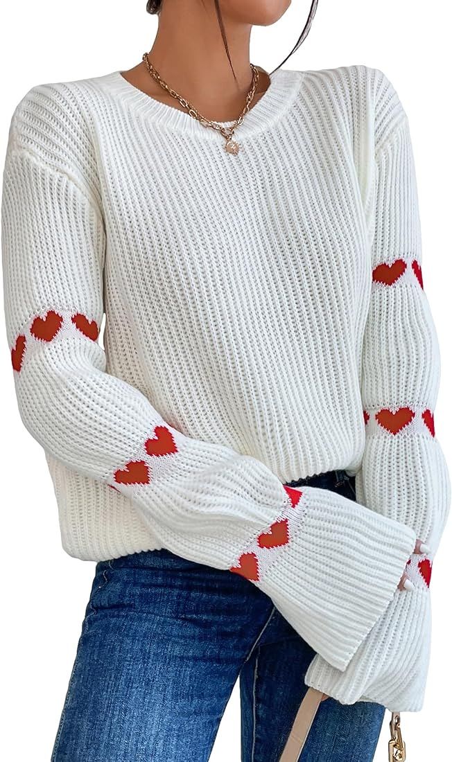 SHENHE Women's Drop Shoulder Heart Knitted Crew Neck Flounce Sleeve Sweater Pullover Jumper | Amazon (US)