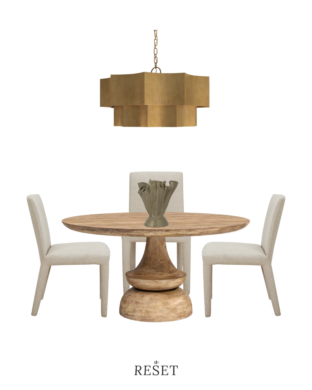 Round wood dining table with upholstered dining chairs and a brass pendant light.
High-end neutral dining room furniture featuring a pedestal dining table, soft upholstered chairs, and modern statement lighting.  

 #LTKSeasonal #LTKHome