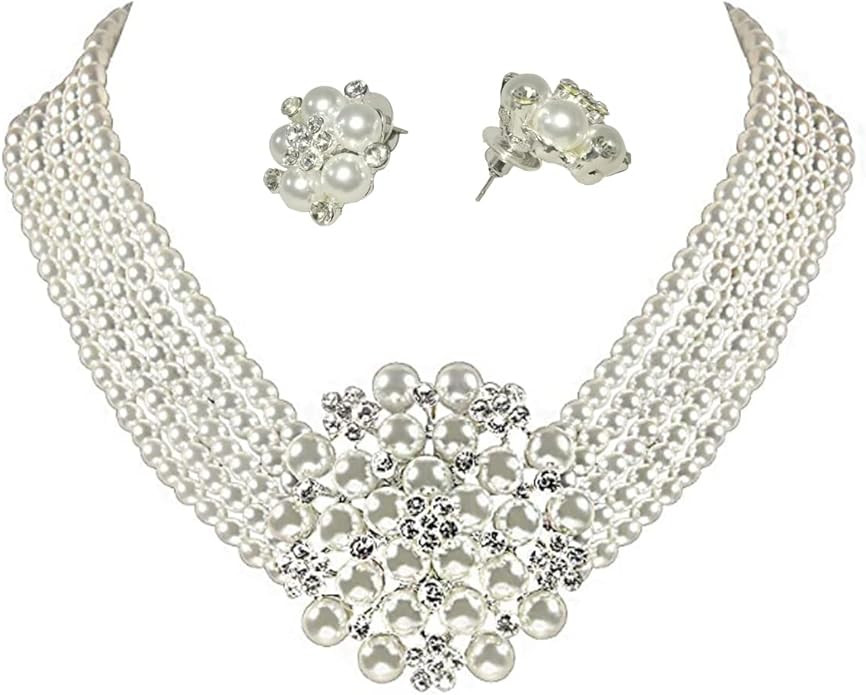 Audrey Hepburn Style Faux Pearl Necklace Set Strand Ear clip or Stud Pin on Earrings for selectio... | Amazon (US)