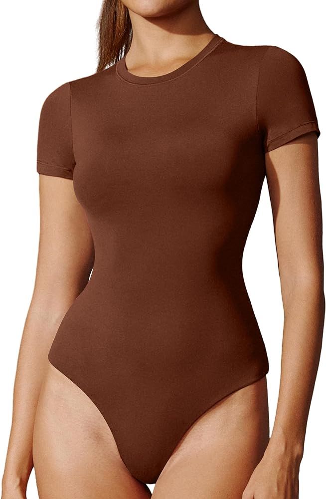 IUGA Bodysuits for Women Tummy Control Crew Neck Short Sleeve Body suits Basic Bodysuit T shirt T... | Amazon (US)