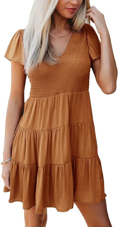 Ephanny Womens Summer Dress Boho Smocked Ruffle Loose Swing Casual Dress Short Sleeve V Neck Sun ... | Amazon (US)