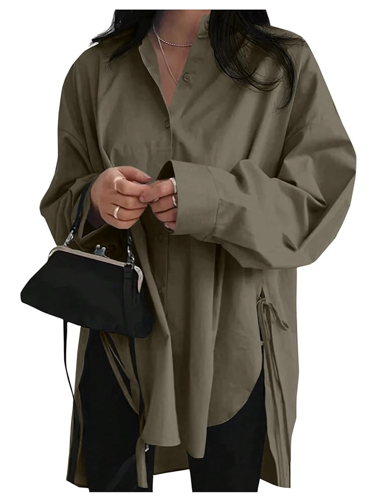 Verdusa Women's Oversized Button Down Shirts Split High Low Long Sleeve Blouses Tunics Tops | Amazon (US)