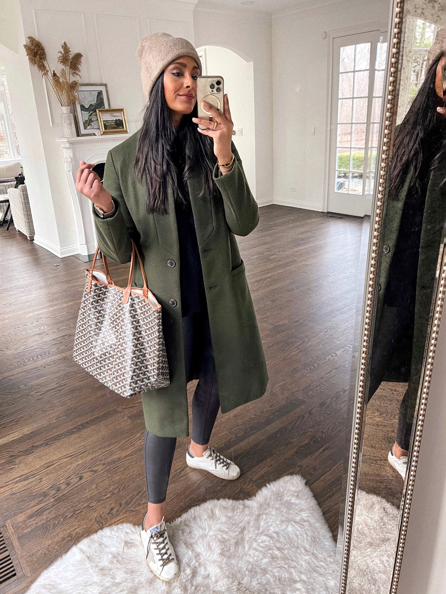 Spanx leggings, army green wool coat, golden goose sneakers, Goyard tote, Anthropologie beanie, winter outfit ideas, winter coat, casual outfits. 

#LTKstyletip #LTKshoecrush #LTKSeasonal