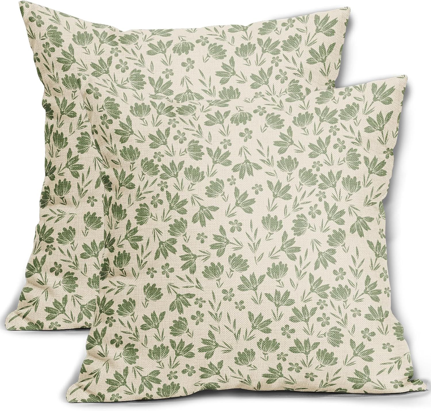 Sage Green Floral Pillow Covers 18x18 Set of 2 Spring Vintage Rustic Old Style Cute Flower Green ... | Amazon (US)