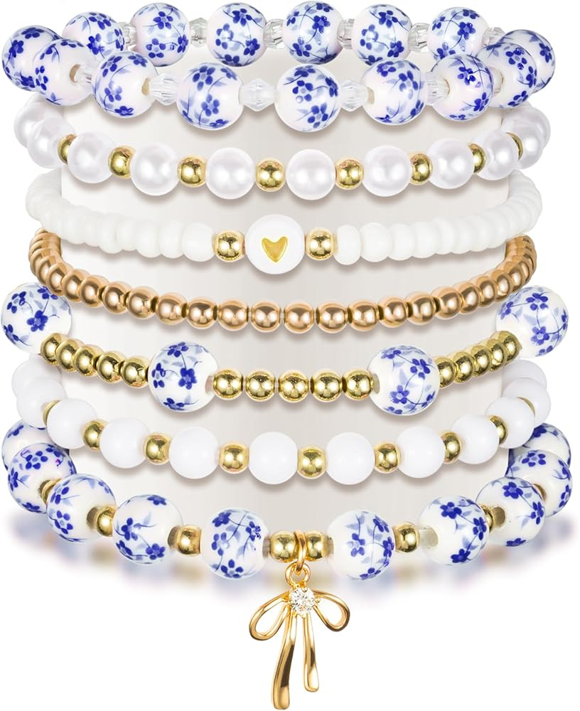 Y1tvei Vintage Ceramic Bead Bracelets - 7Pcs Coquette Wrist Bracelet Stretchable Chain Gift Suppl... | Amazon (US)