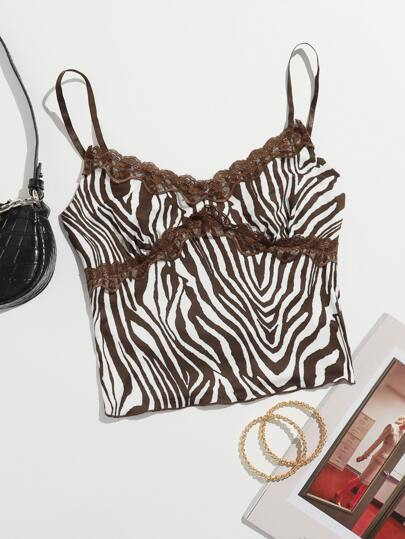 SHEIN Zebra Striped Lace Cami Top | SHEIN