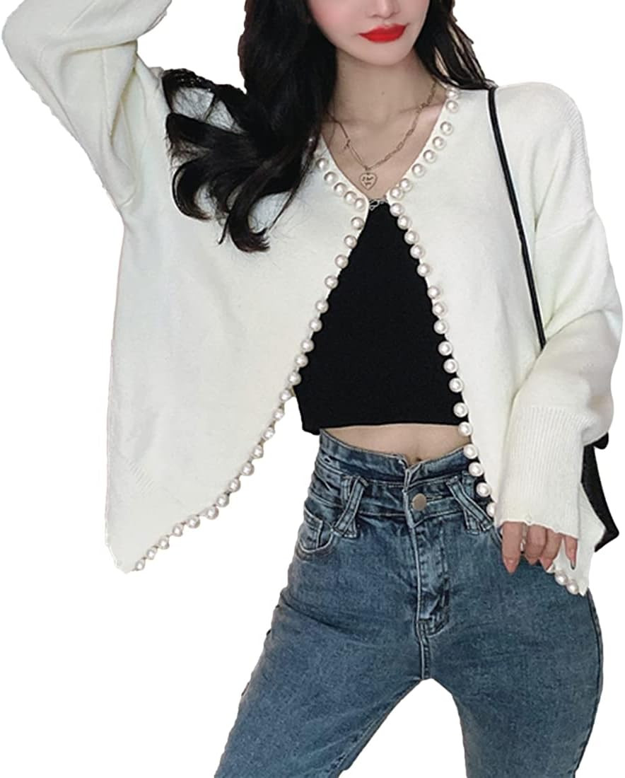 Omoone Women's Solid Cardigan Sweater Elegant Long Sleeve Pearls Trim Beading Outwear | Amazon (US)
