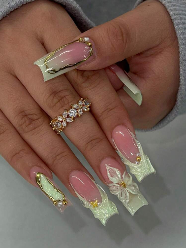 Instantly Upgrade Your Look With 24Pcs/Set French Medium Length Water Pipe Nail Tips In Light Green, With 3D Pearl, Water Wave, Flower And Gold Edge Line Patterns, Pearl Gradient And Glitter Finish, Pressure-Style Artificial Nails, Adding A Touch Of Romance And Making You Look Sweeter Press On Nails Nail Supplies Nails | SHEIN