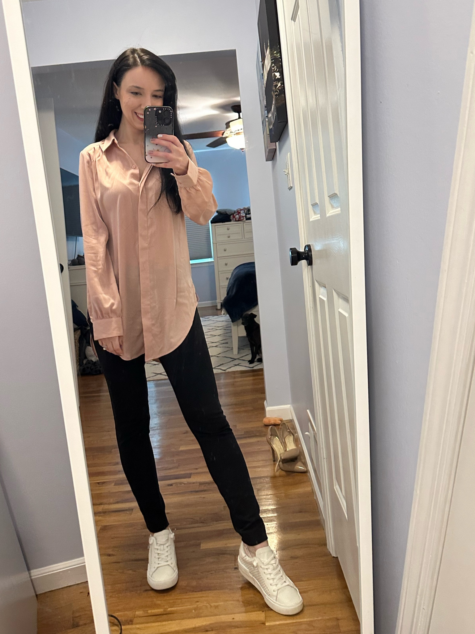 Work outfit, pink and black work outfit, pink blouse, black pants, white sneakers, simple outfit, easy outfit 

#LTKstyletip #LTKworkwear #LTKfindsunder100