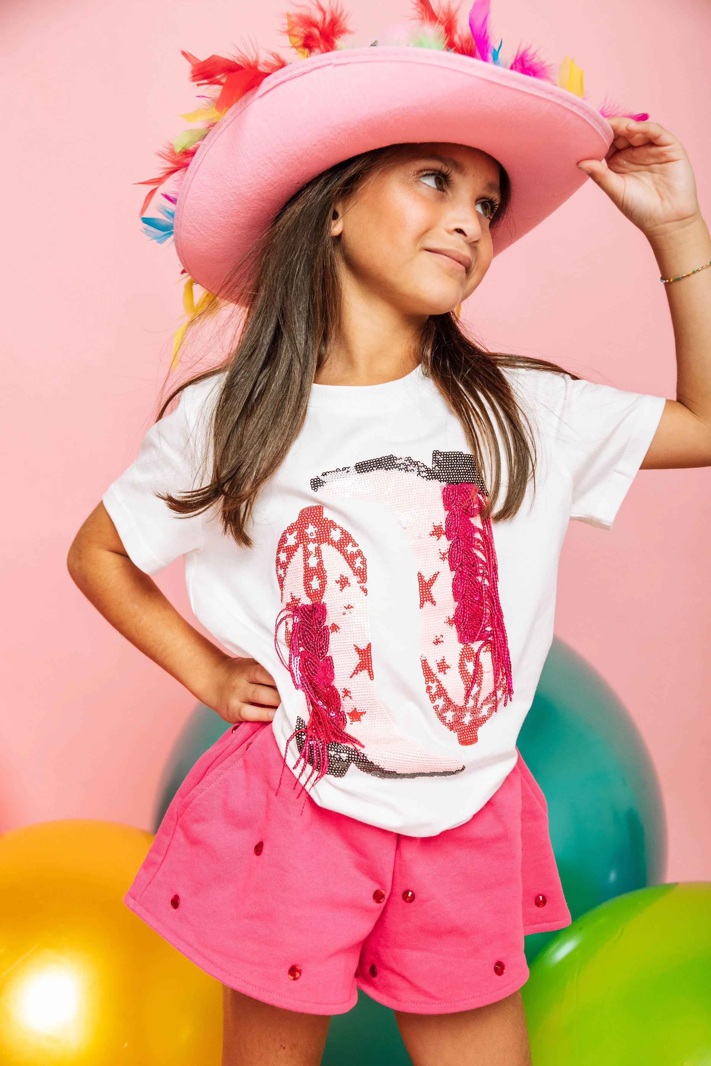 Kids Pink Fringe Boot Tee | Queen of Sparkles