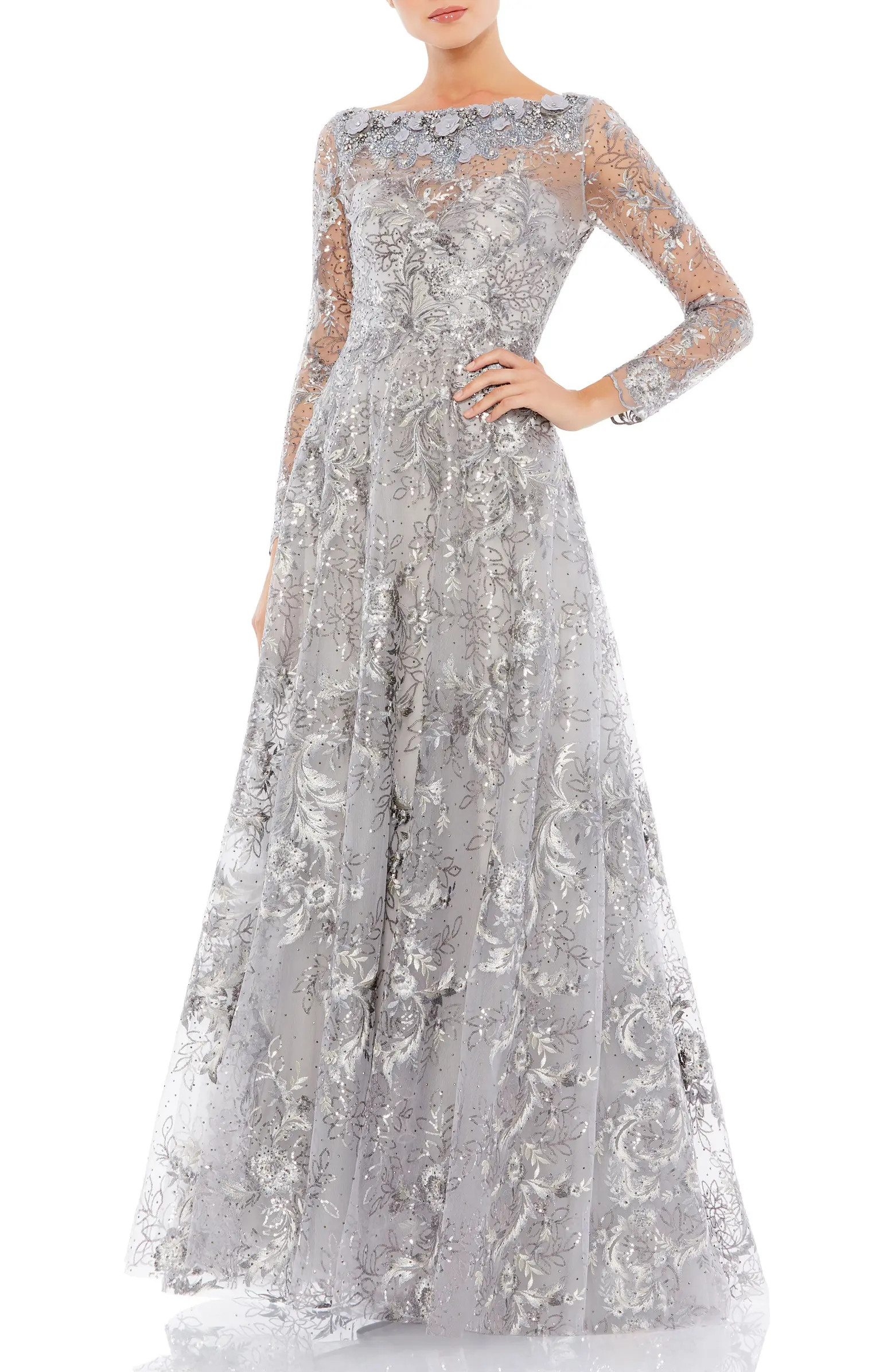 Floral Rhinestone Embroidered Sweetheart Illusion Long Sleeve Gown | Nordstrom