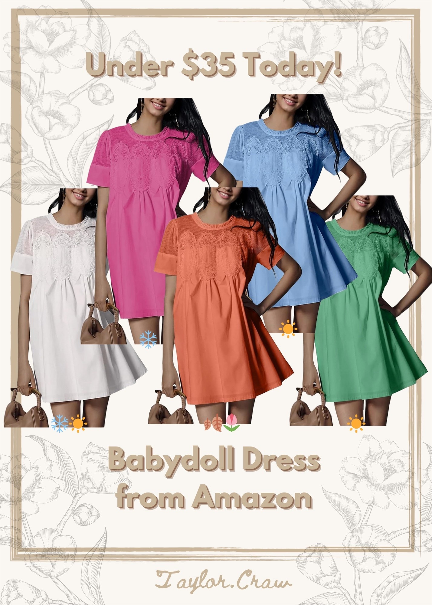 On sale today, this baby doll dress from Amazon is everything! 🤩 So many fun colors, and something for every season if you follow House of Colour. 🍂❄️🌷☀️ I love wearing shorter dresses like this with boots in the Fall! it’s a perfect transition piece, especially for these warmer Fall days. 

#LTKSaleAlert #LTKFindsUnder50 #LTKMidsize