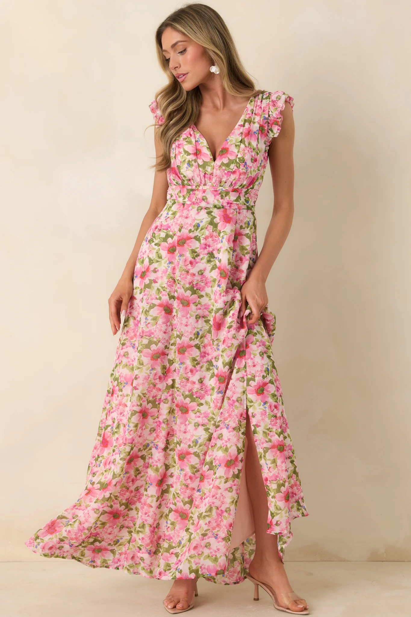 Dancing In The Sun Pink Floral Sleeveless Maxi Dress | Red Dress