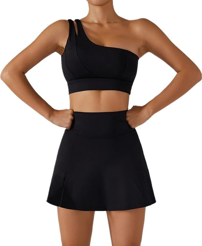ABOCIW Women's Tennis Skirts Sport Bra Sets High Waisted Golf Skorts Skirt One Shoulder Sports Br... | Amazon (US)