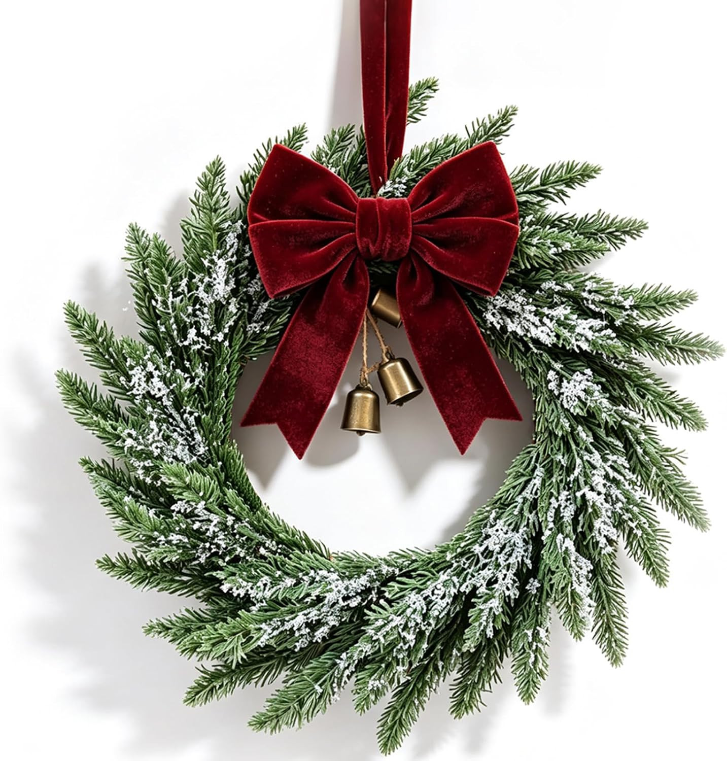 24'' Christmas Wreath for Front Door Real Touch Artificial Frosted Norfolk Pine Wreath with Burgundy Velvet Bow & Gold Bells for Indoor Outdoor Wall Window Porch Farmhouse Xmas Winter Holiday Decor | Amazon (US)