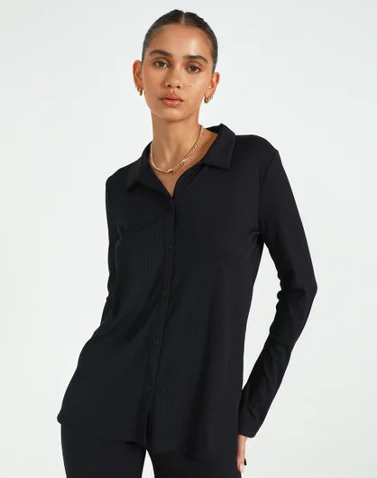 Ribbed Button Front Shirt in Black | Glassons | Glassons (NZ)