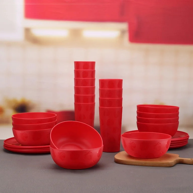 Mainstays 30-Piece Plastic Etched Strawberry Pattern Dinnerware Bundle Set, Red | Walmart (US)