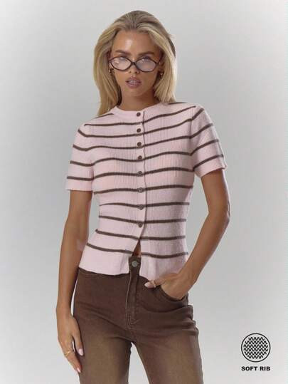 MUSERA Striped Rib Knit Button Through Fitted Short Sleeve Top Cosy Cute Casual Coffee Club Winte... | SHEIN