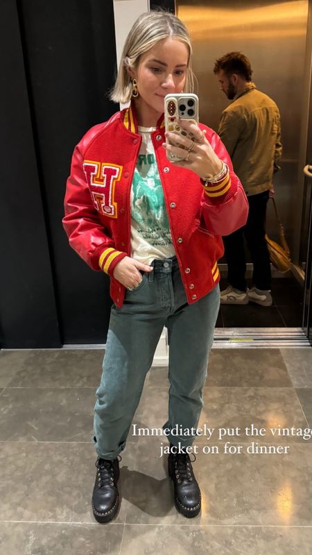 The vintage varsity jacket of my dreams! Linked similar below! Vacation outfit, jeans, date night outfit 

#LTKshoecrush #LTKstyletip