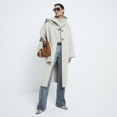 Beige Premium Wool Blend Scarf Coat | River Island UK & IE
