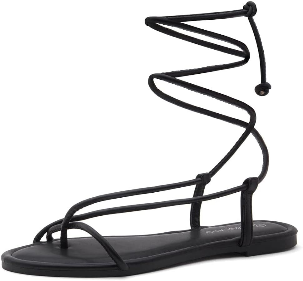 Shoe Land SL-Auday Womens Lace Up Flat Sandals Open Toe Tie Up Ankle Wrap Flat Sandals Black Whit... | Amazon (US)