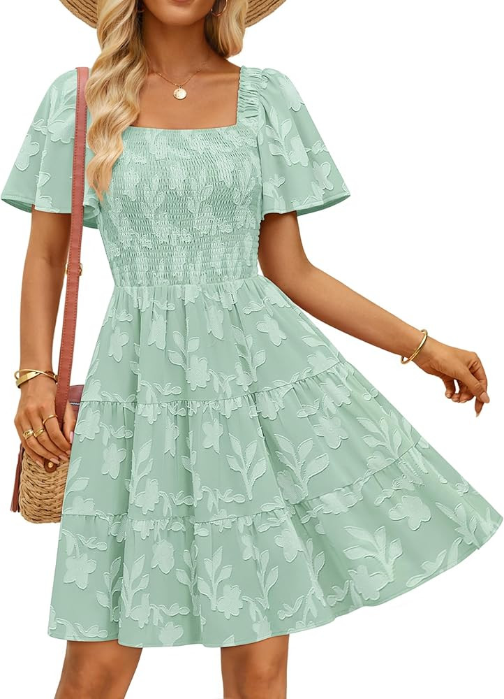 ZESICA Women's Summer Boho Floral Mini Dress 2026 Casual Short Sleeve Square Neck Swing Beach Vac... | Amazon (US)