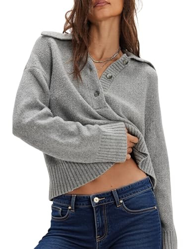 EsheSy Women's Polo Knit Sweater Pullover V Neck Lapel Collar Button Long Sleeve Casual Loose Rib... | Amazon (US)