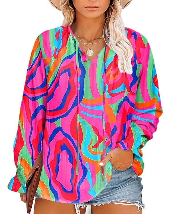 Eytino Women Plus Size Tops Boho Floral Printed Casual V Neck Long Sleeve Drawstring Blouses Shir... | Amazon (US)