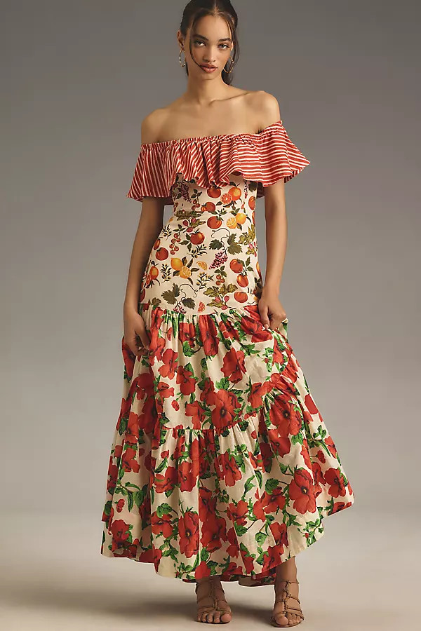 Off-the-Shoulder Mixed-Print Midi Dress | Anthropologie (US)