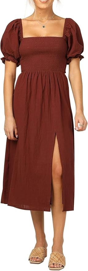 R.Vivimos Summer Dress for Women Cotton Plaid Puff Sleeves Causal Off-Shoulder Boho Side Slit Mid... | Amazon (US)