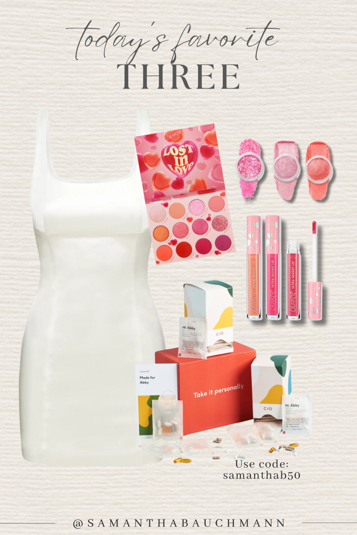 Today’s favorite three! Colour pop, aritizia dress, care of! 
Use code samanthab50 for $ off at Care/ of!!!

#LTKfindsunder100